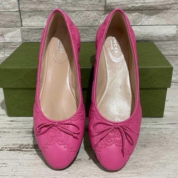 GUCCI Monogram Pink Quilted Matelasse Leather GG Bow Ballet Flats SZ 37.5 $920 - Picture 14 of 16